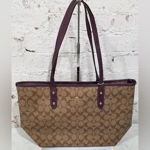 Purple khaki tan Coach signature tote bag
